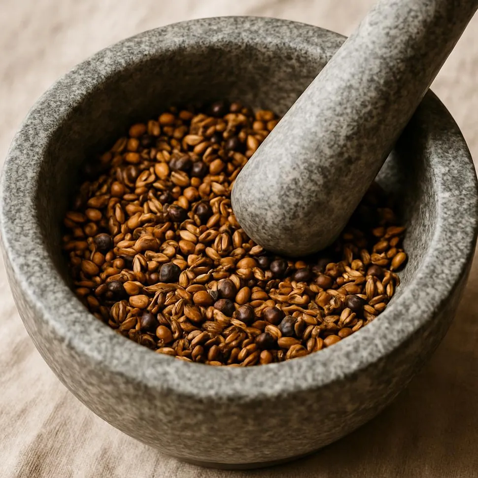 Mortar and pestle with toasted whole spices