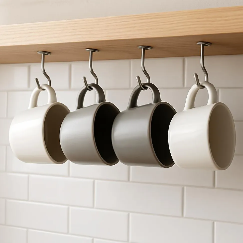 Mugs hanging neatly from under-shelf hooks.