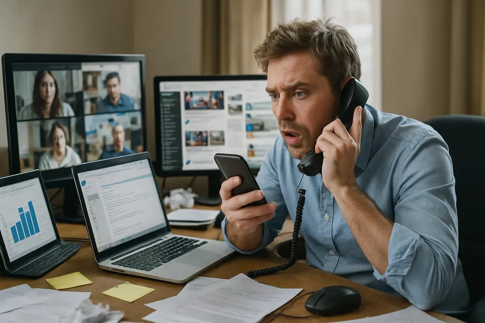 Multitasking chaos with multiple screens and distractions