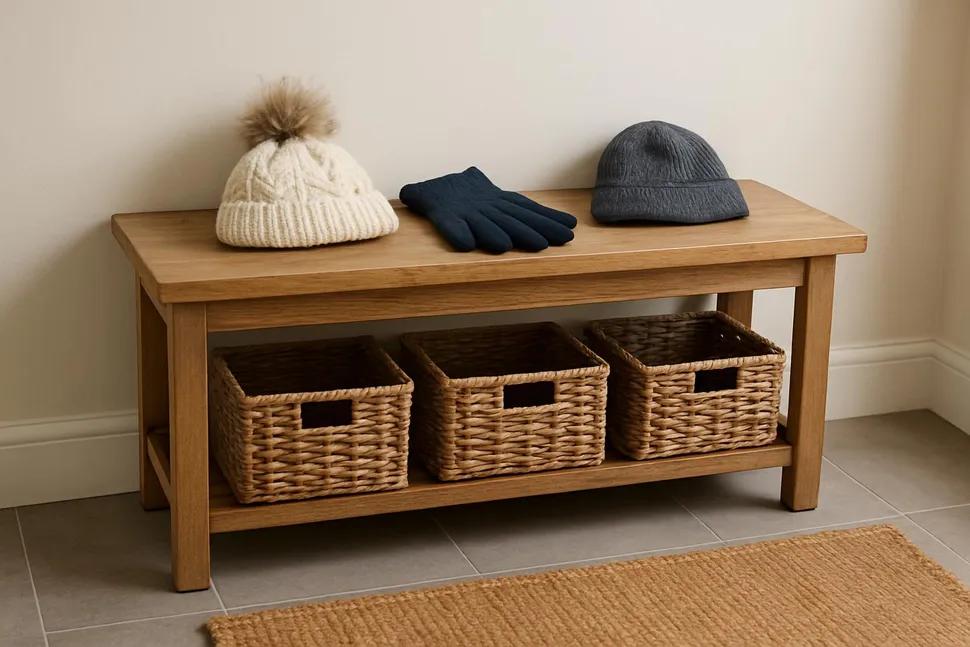 Narrow bench with baskets underneath for hats and gloves