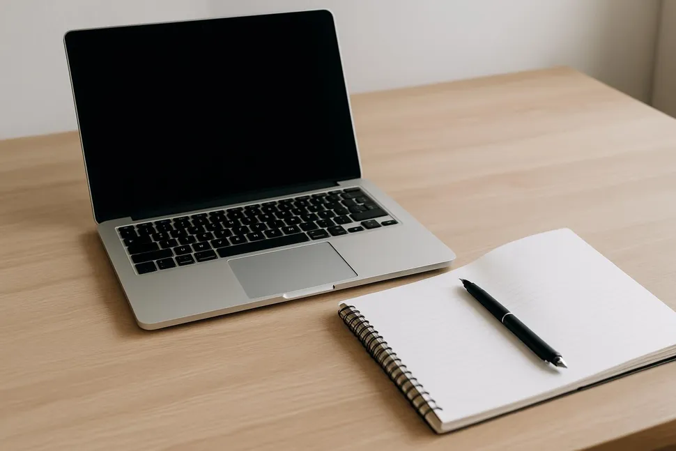 Neat desk with laptop, notebook, and pen