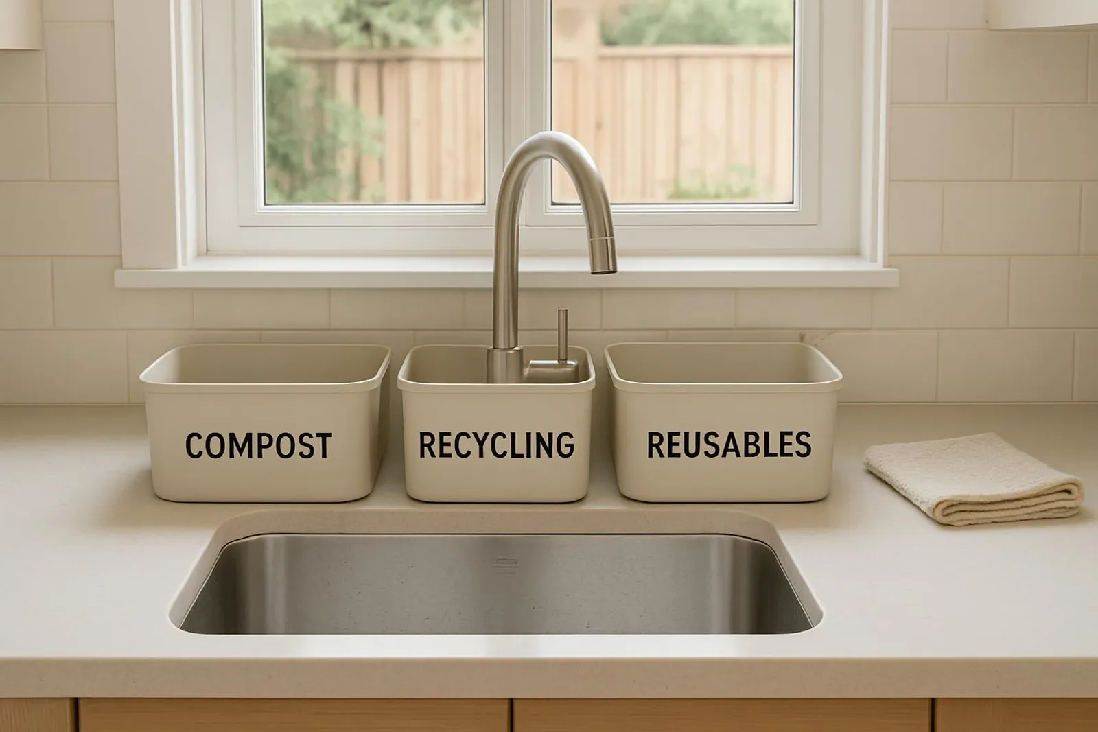Neat kitchen sink setup with labeled bins for compost, recycling, and reusables