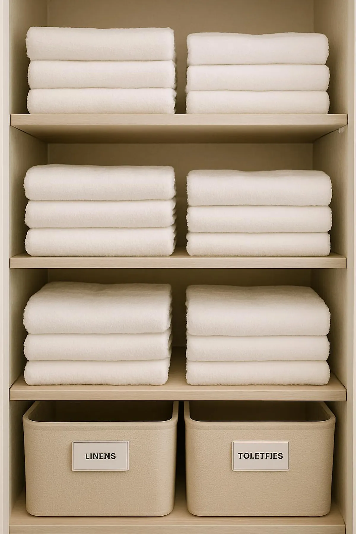 Neat linen shelves with folded white towels and labeled bins