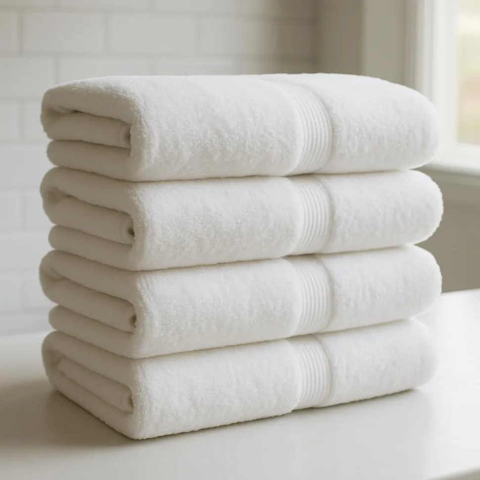 Neat stack of bath towels folded uniformly