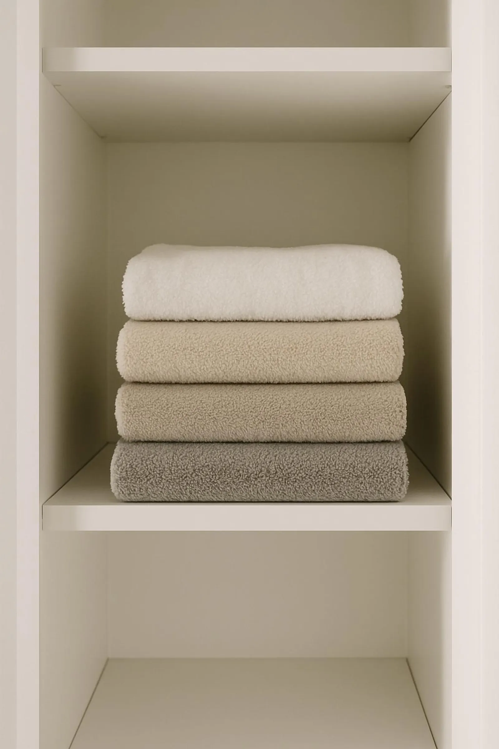 Neat stack of neutral towels on a white shelf in a minimalist linen closet