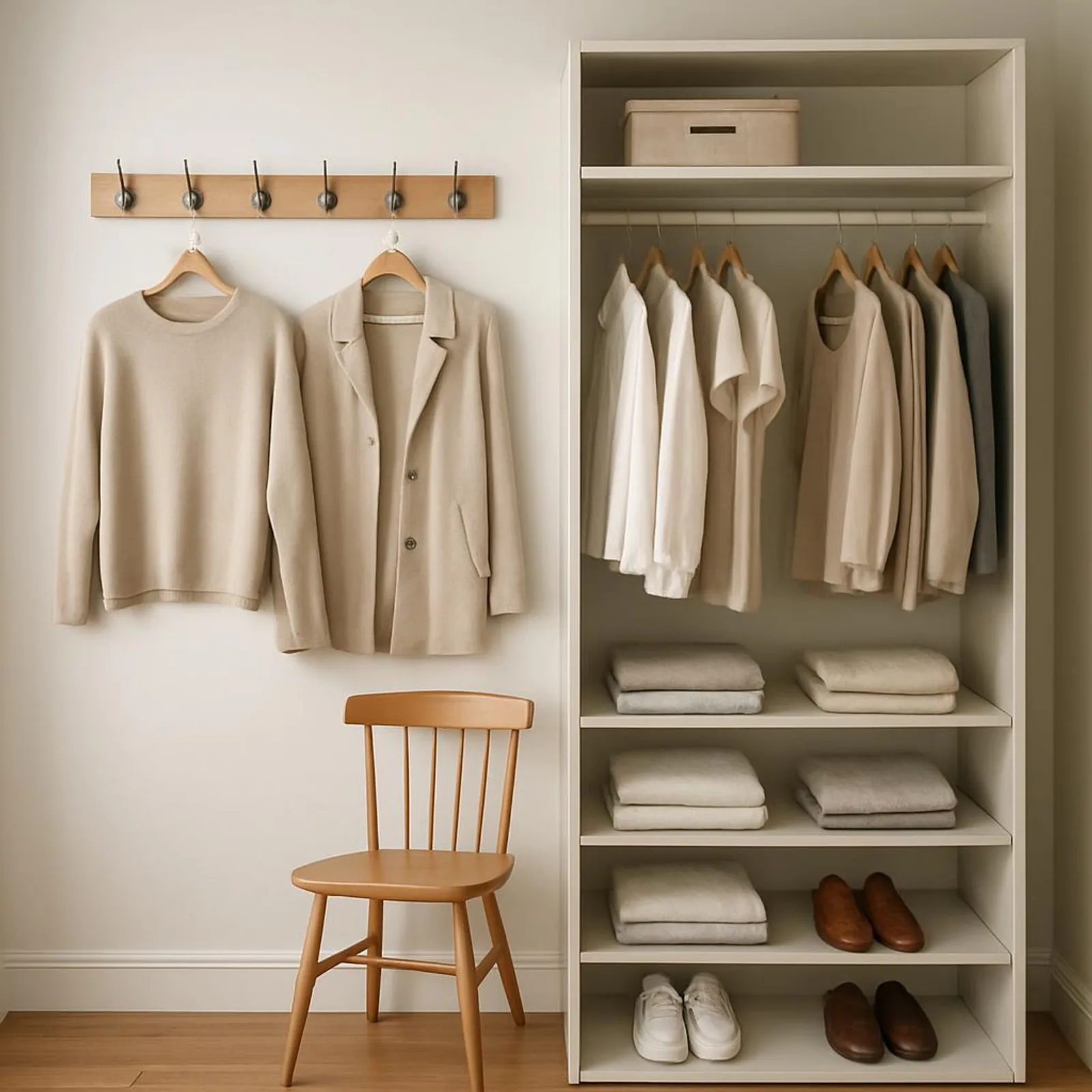 Neat wardrobe and hooks—no more clothes on the chair, just breathing room.