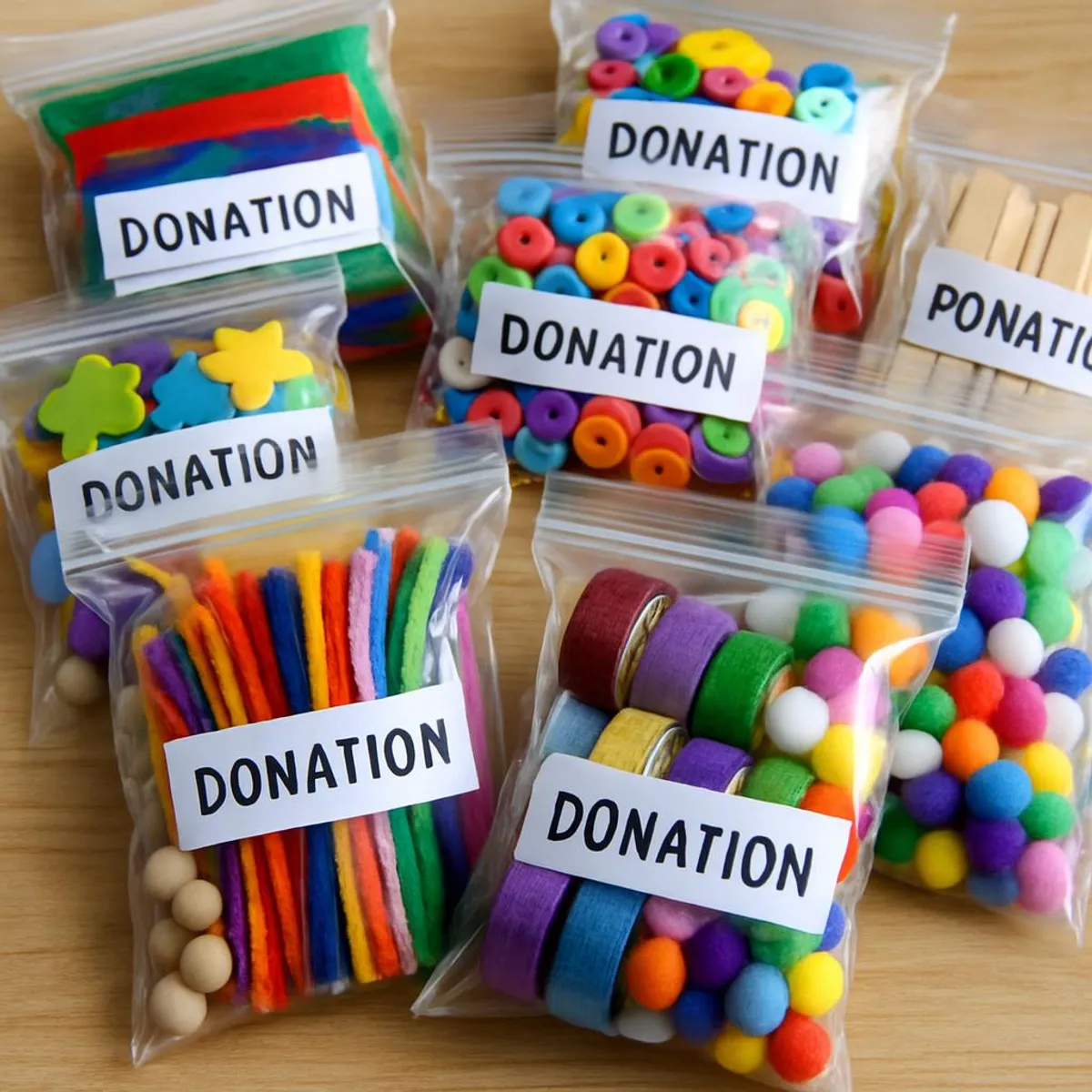 Neatly bagged and labeled craft supplies ready for donation