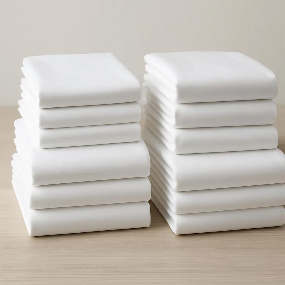 Neatly folded white sheets stacked in sets