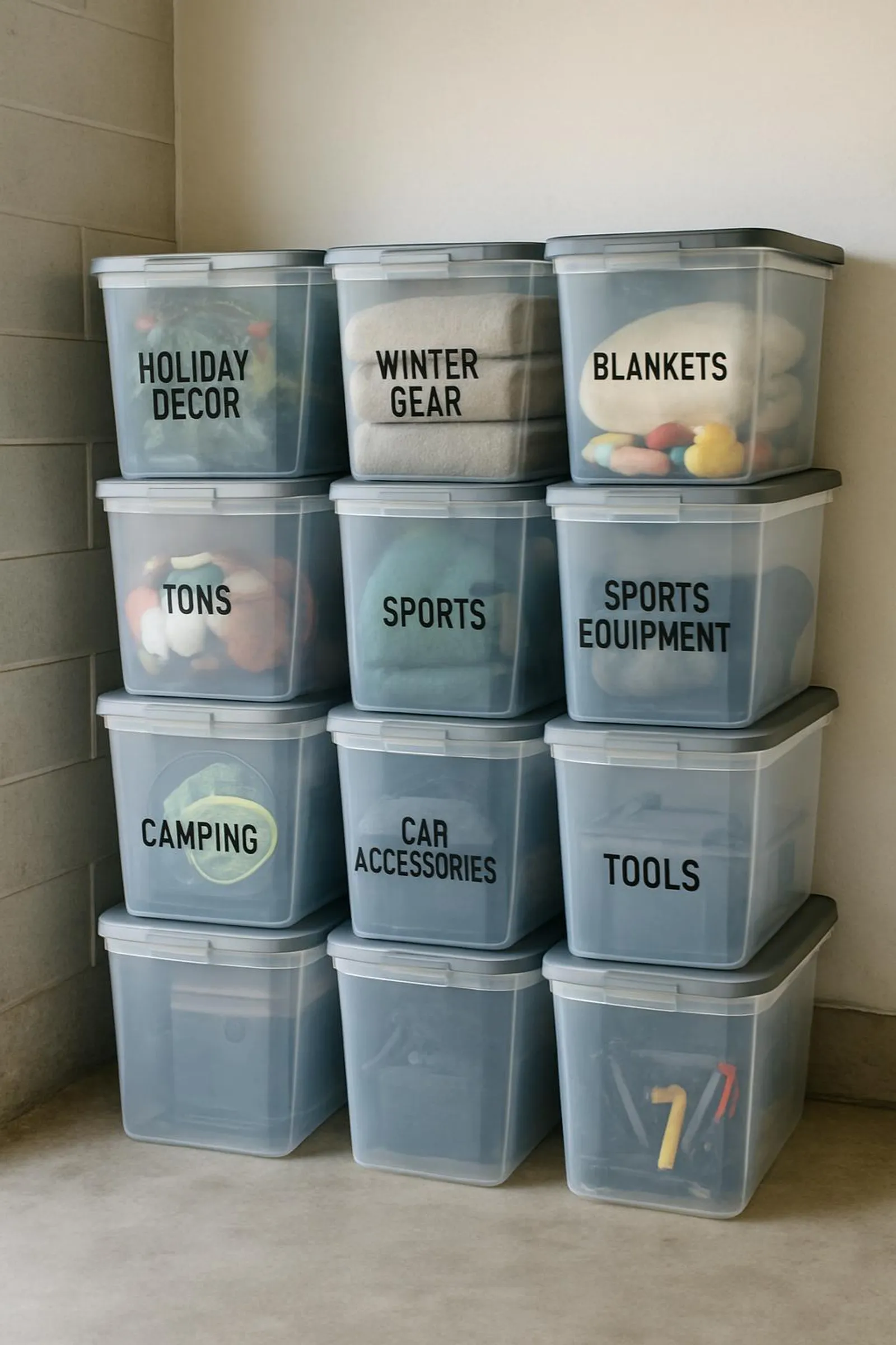 Neatly labeled clear bins stacked in a garage corner—calm finally won.