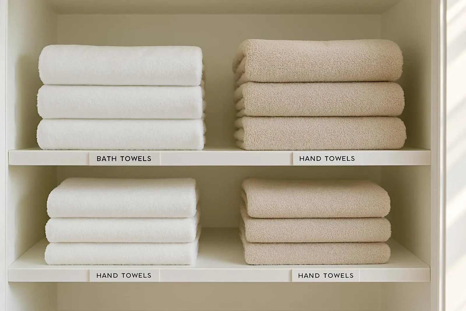 Neatly labeled towel stacks at eye level in a bright closet