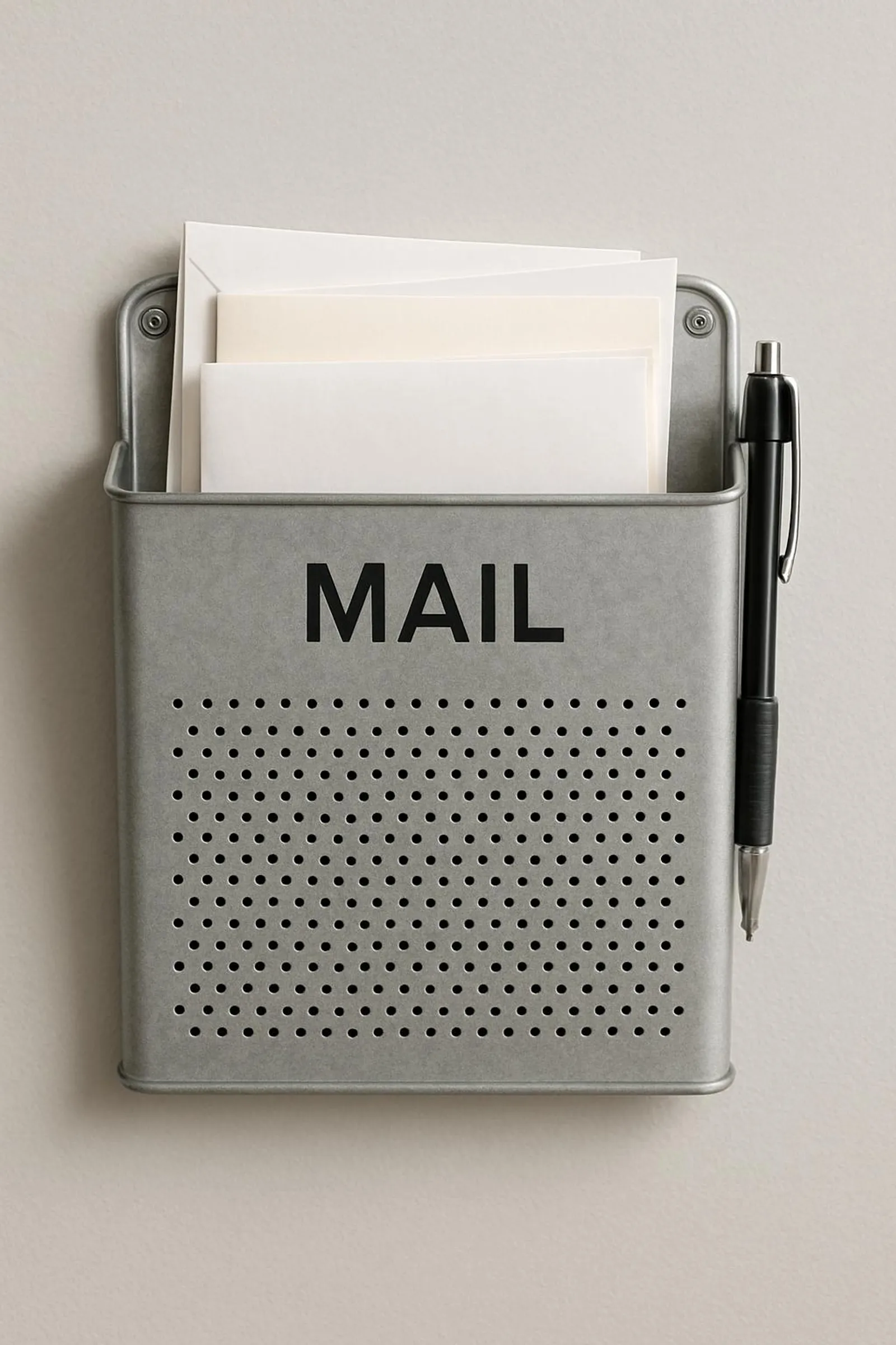Neatly labeled wall file for mail with a pen clipped to the side