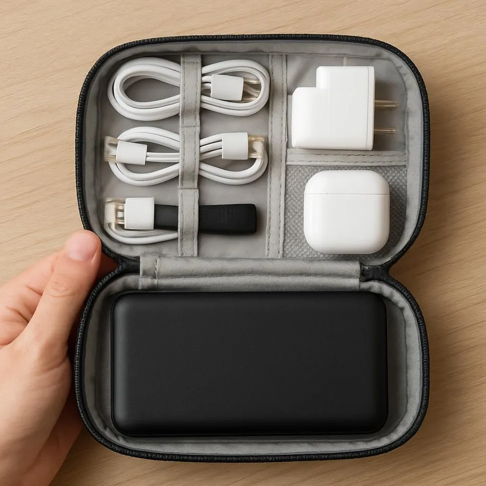 Neatly organized tech accessories and cables in a compact pouch.