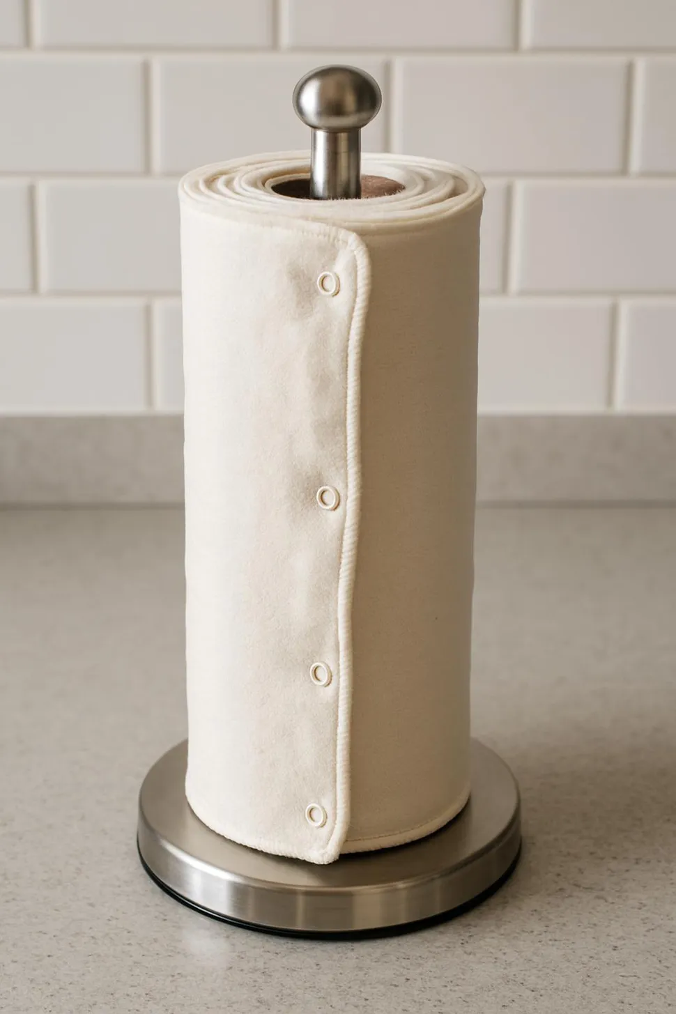 Neatly rolled unpaper towels on a holder