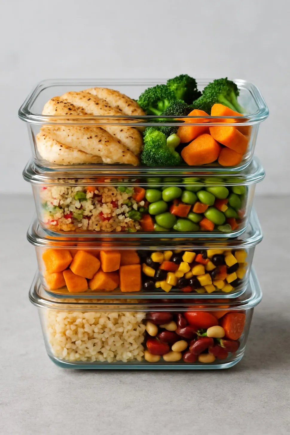 Neatly stacked glass meal-prep containers filled with colorful food