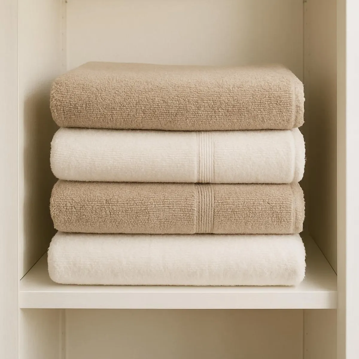 Neatly stacked neutral towels in a bright linen closet shelf