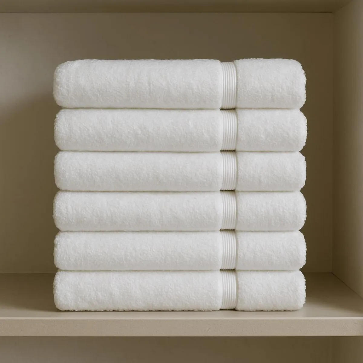 Neatly stacked white bath towels on a shelf