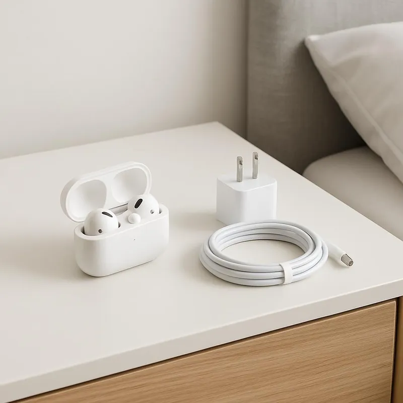 Neatly stored earbuds and charger on clean nightstand