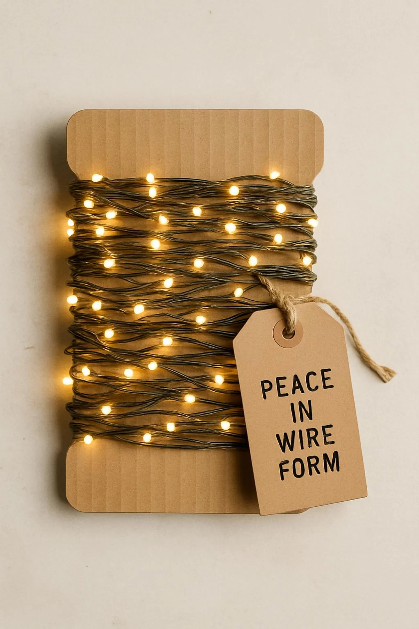 Neatly wrapped string lights on cardboard with a labeled tag. Peace in wire form.