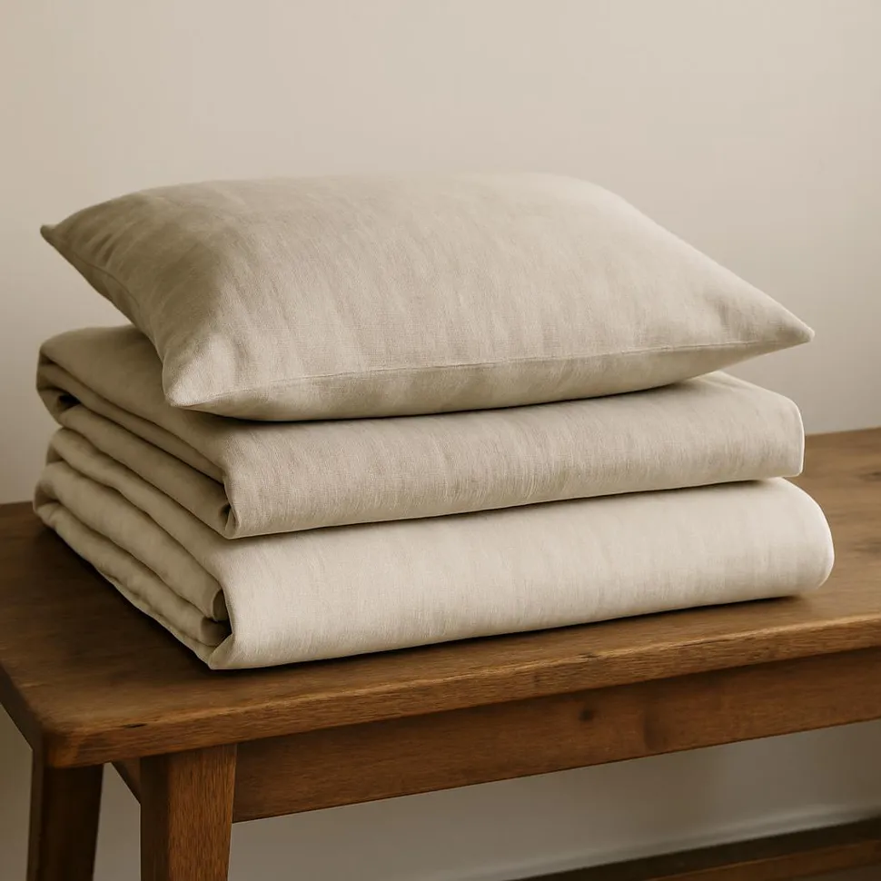 Neutral bed linens folded on a wooden bench, pillowcase on top