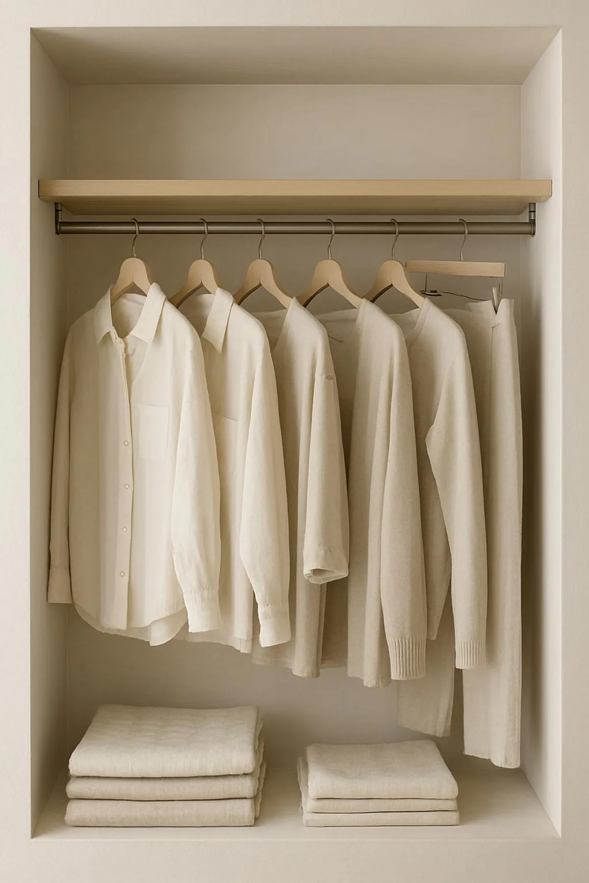 Neutral linens in a calm, minimalist closet