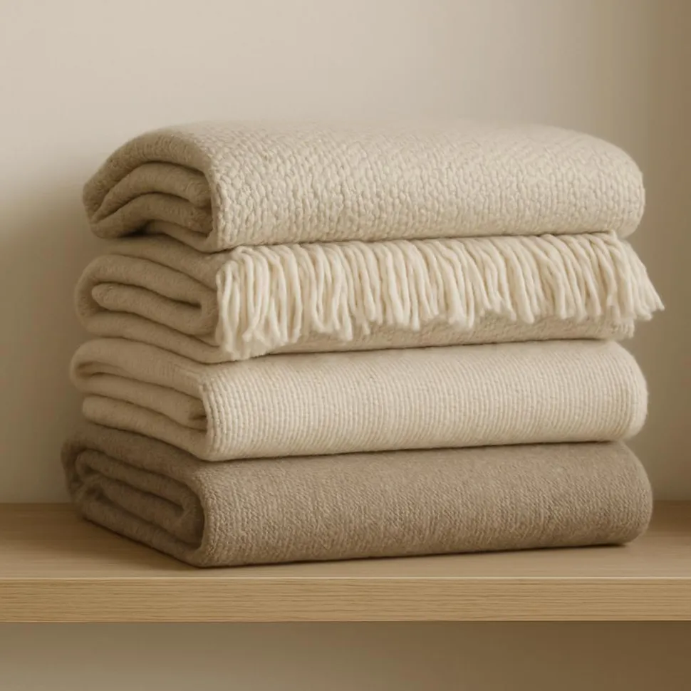 Neutral throw blankets folded and stacked on a shelf