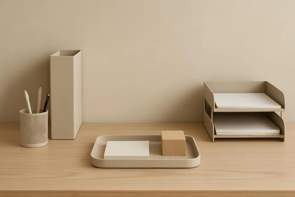 Neutral-toned desk with simple organizers and a tray