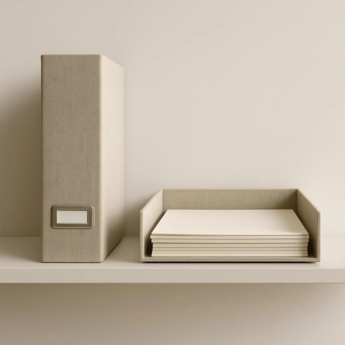Neutral-toned file box and letter tray on a minimalist shelf.