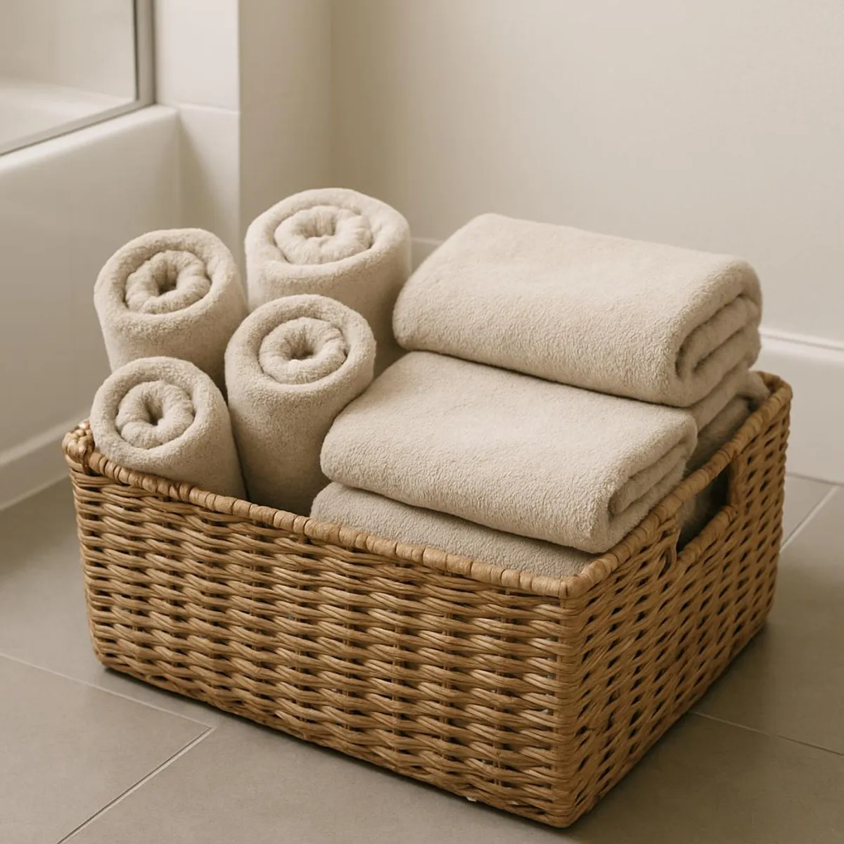 Neutral towels rolled and folded in a basket on a bathroom floor