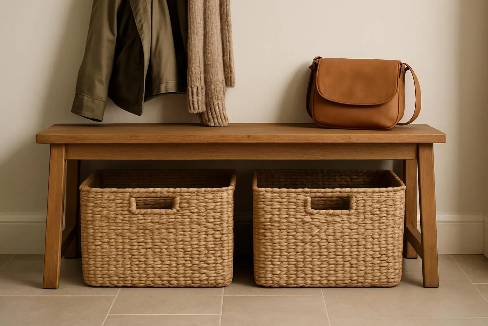 Neutral woven baskets under an entryway bench for gear storage