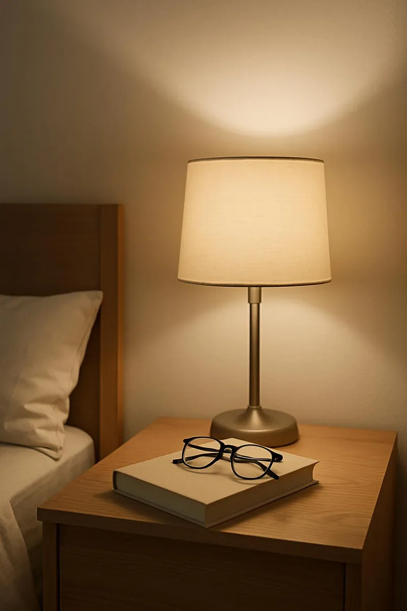 Nightstand with minimalist essentials: lamp, book, glasses