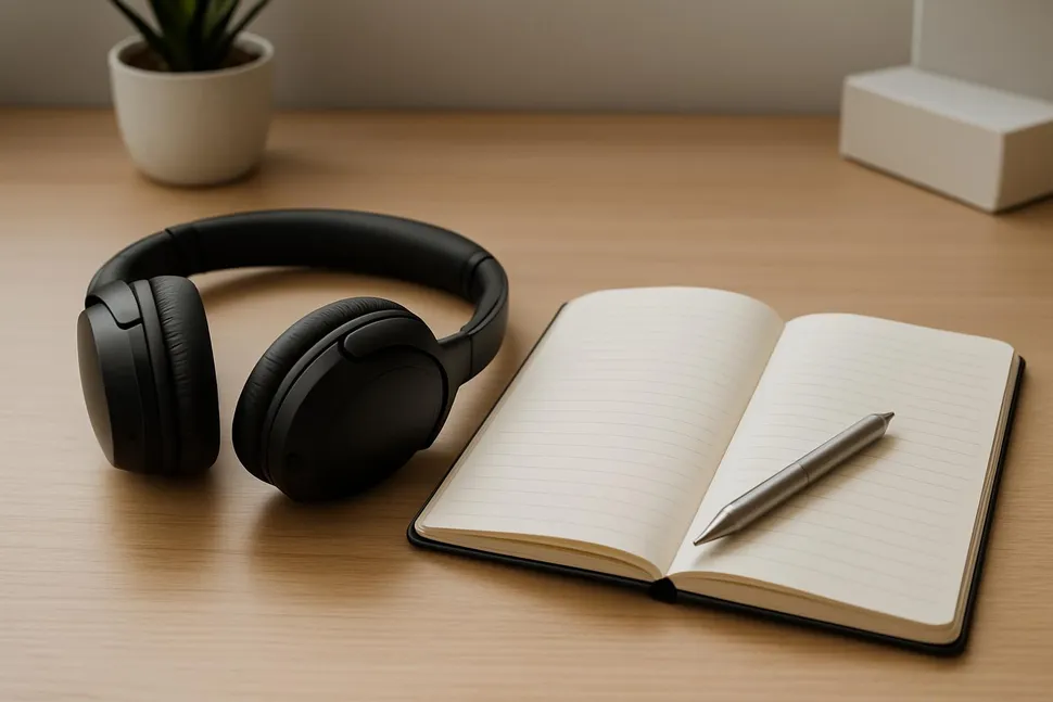 Noise-canceling headphones and a notebook on a tidy desk