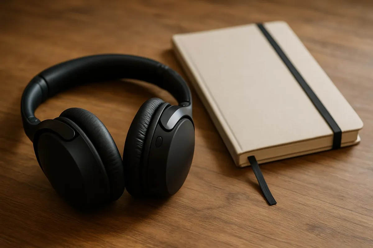 Noise-canceling headphones and a notebook on a wooden desk