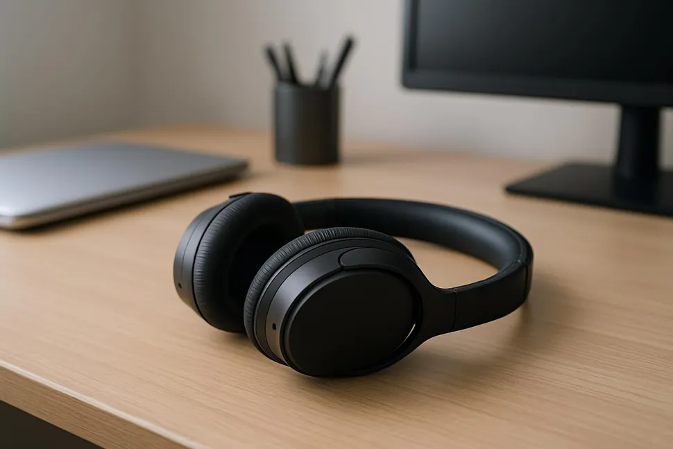Noise-canceling headphones on a desk