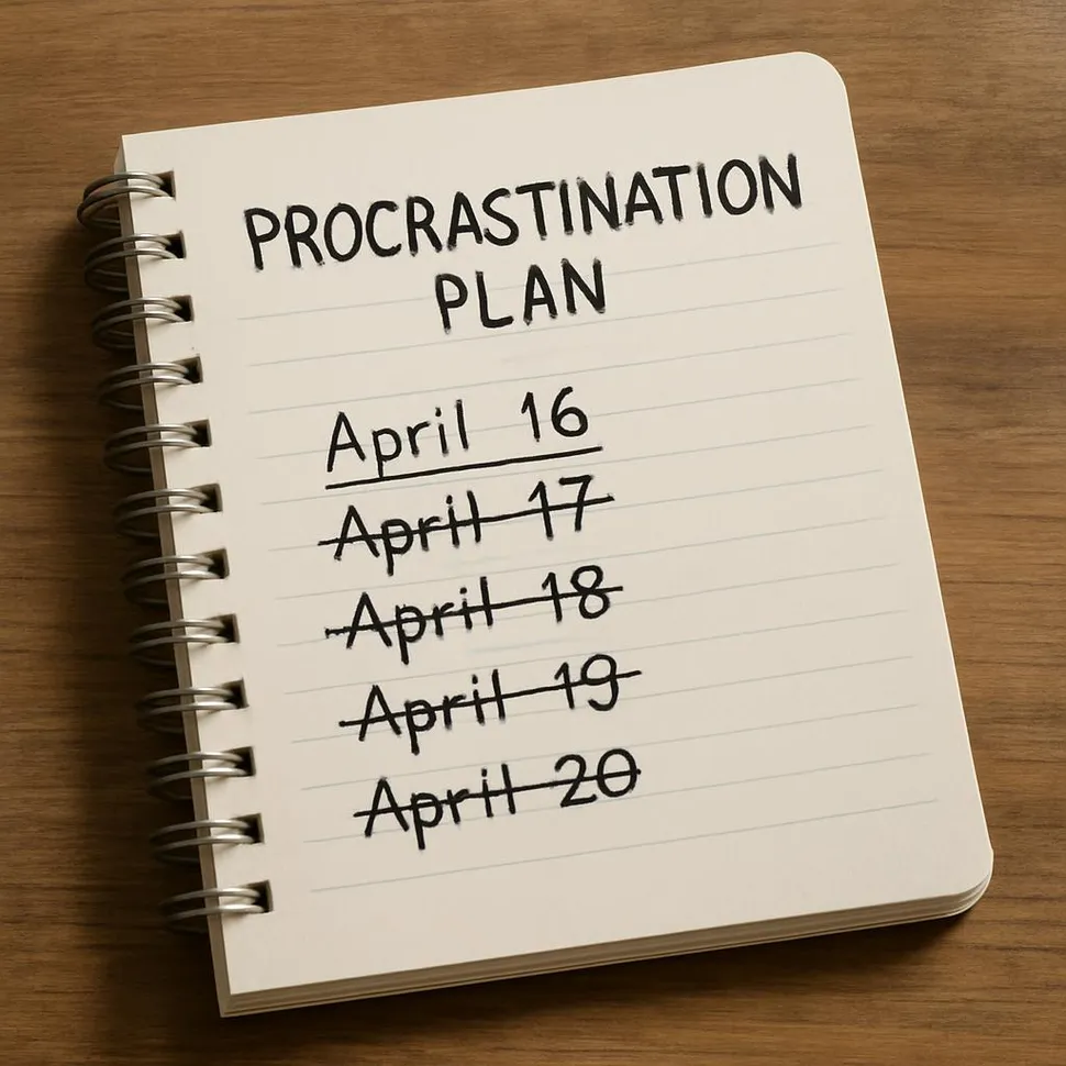 Notebook labeled 'Procrastination Plan' with crossed out dates