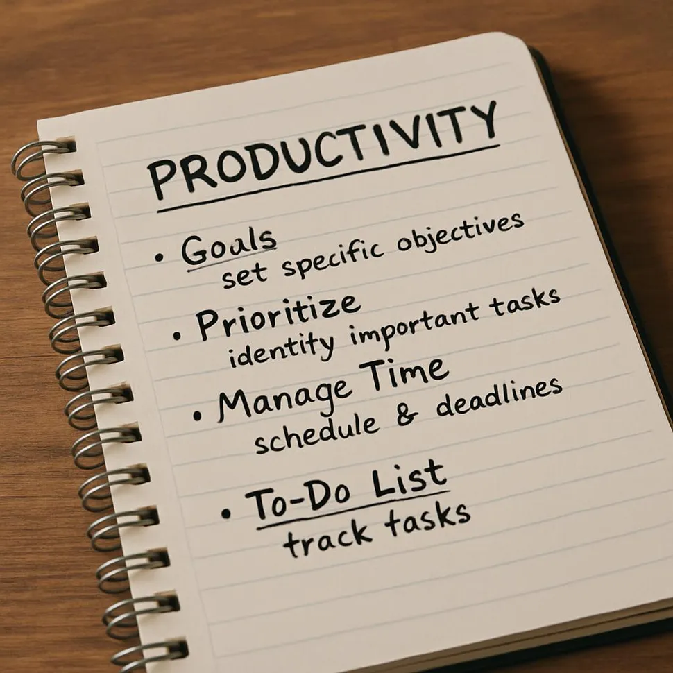 Notebook open to productivity notes