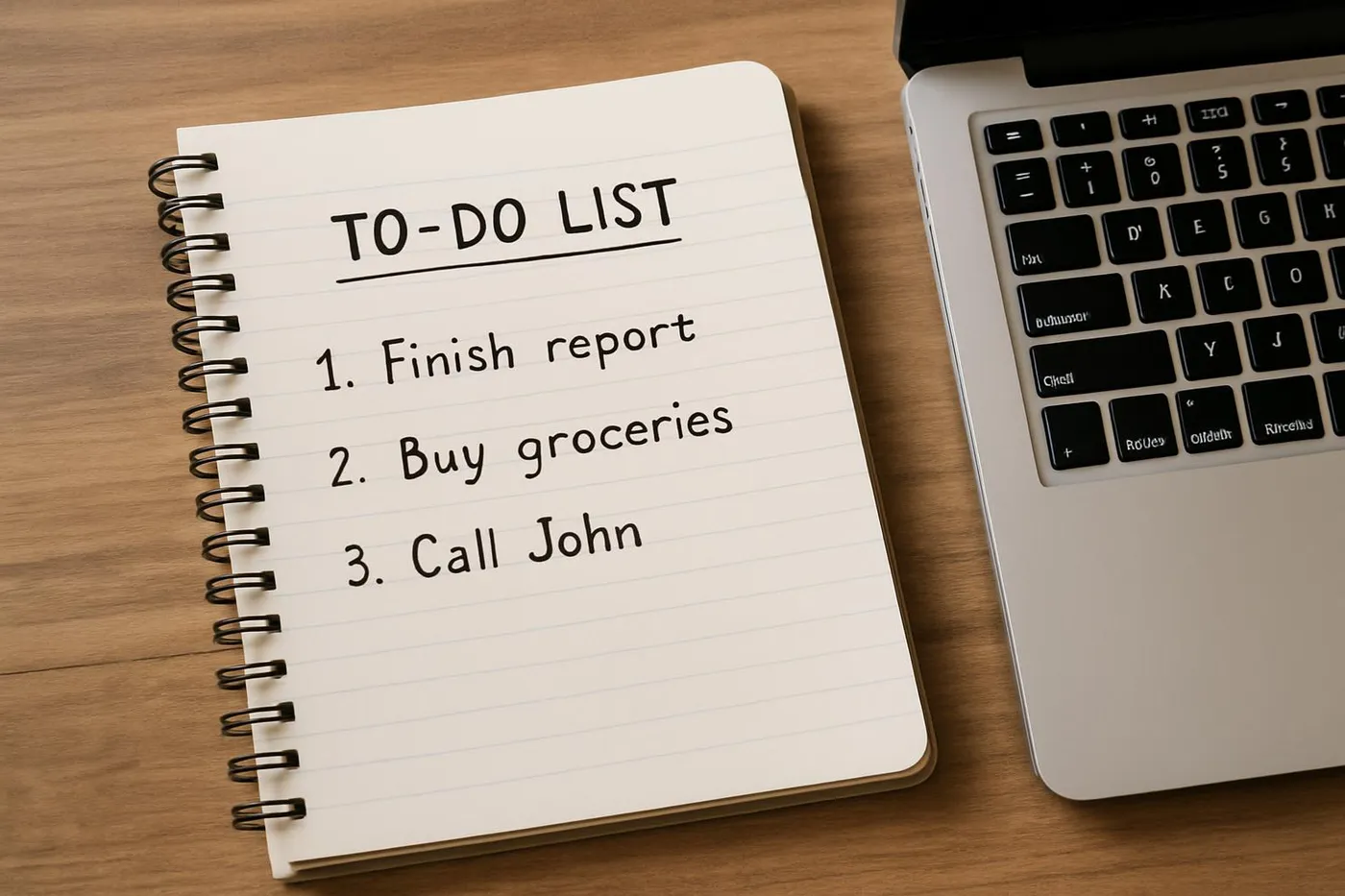Notebook open with a short prioritized to-do list next to a laptop