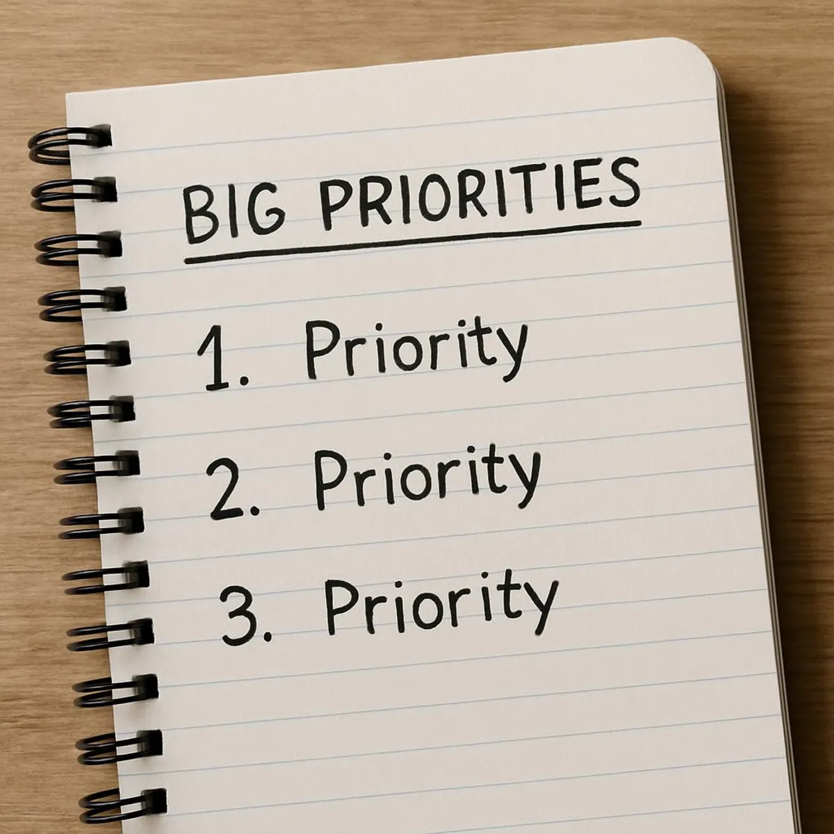 Notebook page with three big priorities written