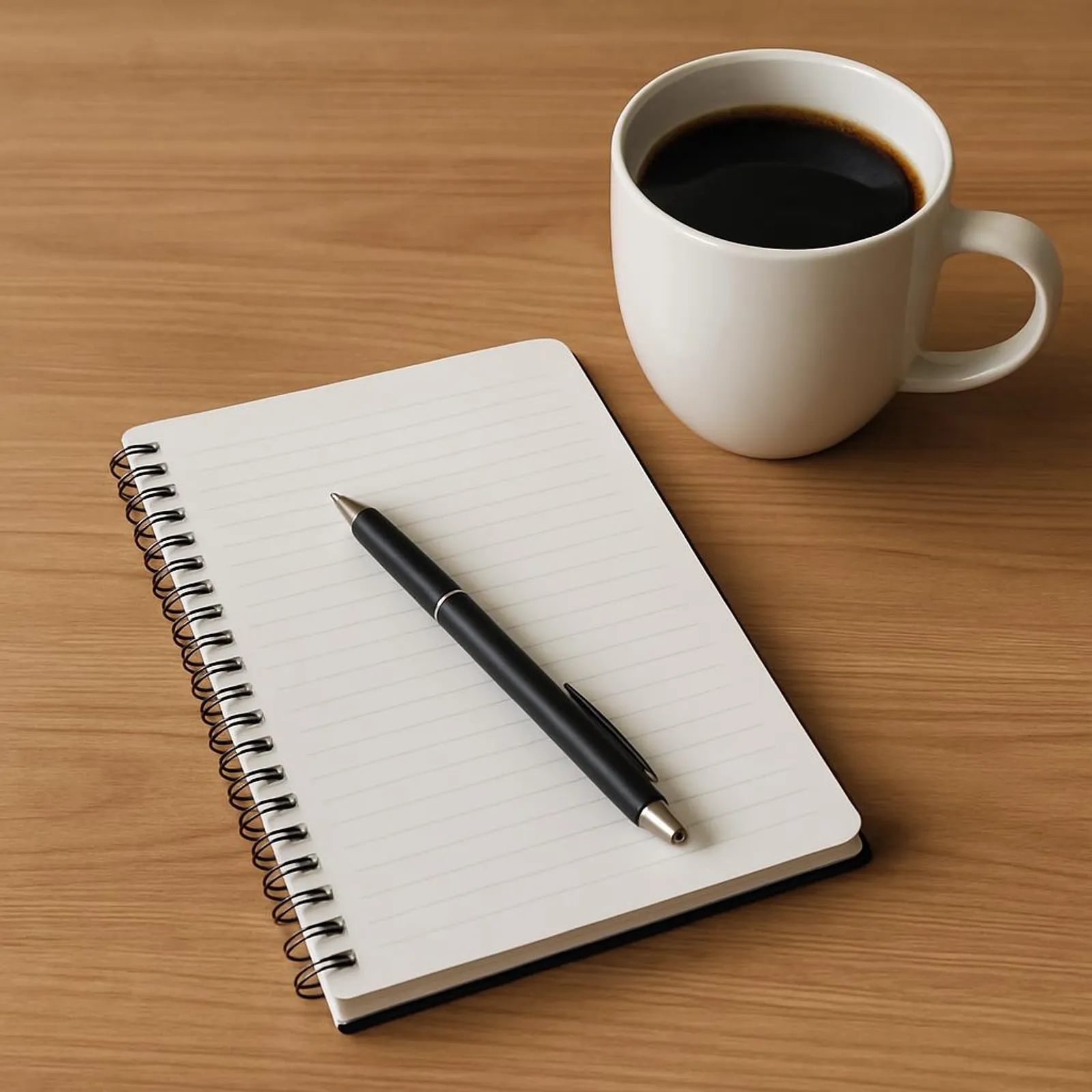 Notebook, pen, and coffee on a clean wooden table, ready for a simple planning ritual
