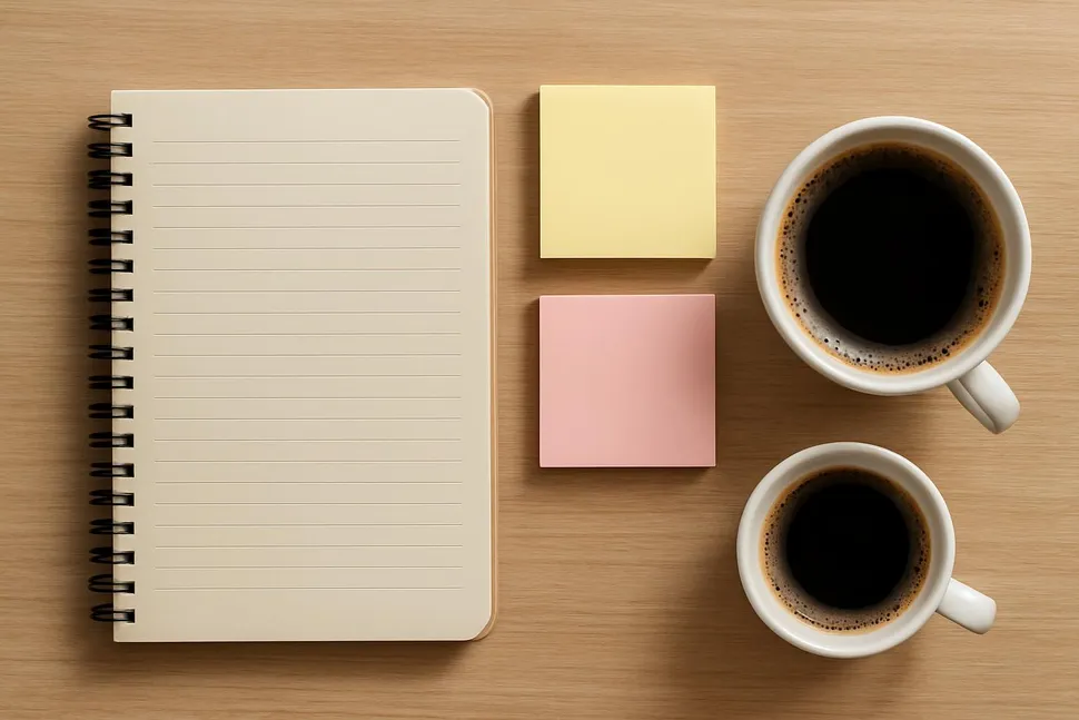 Notebook, sticky notes, and coffee laid out neatly