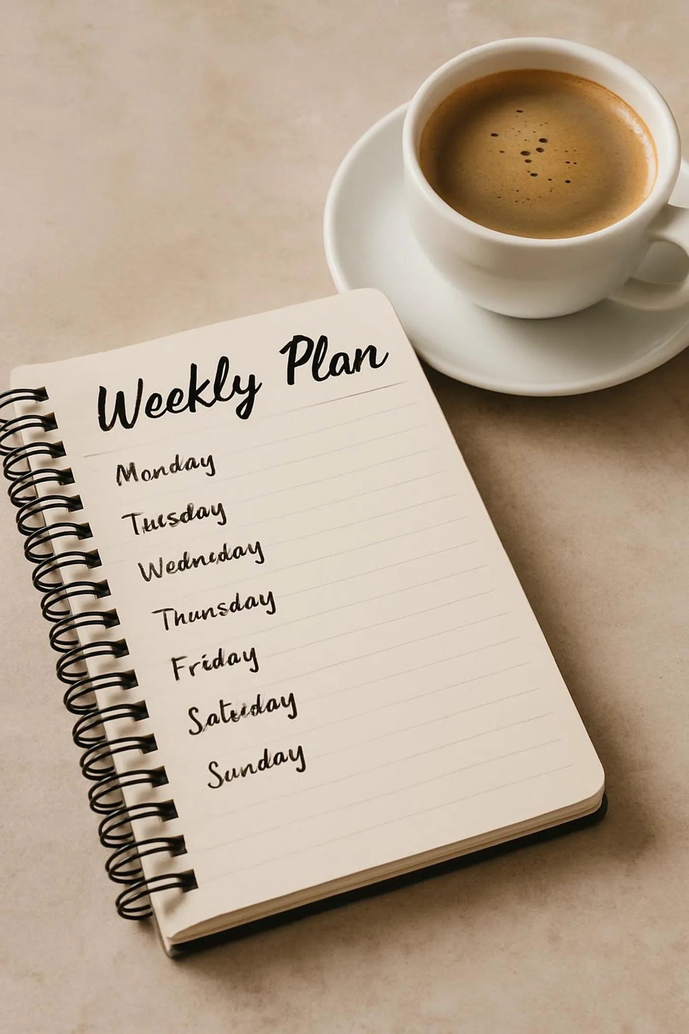 Notebook with a handwritten weekly plan and a cup of coffee