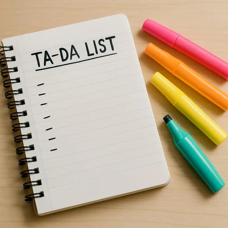 Notebook with a list titled 'Ta-Da List' and colorful highlighters