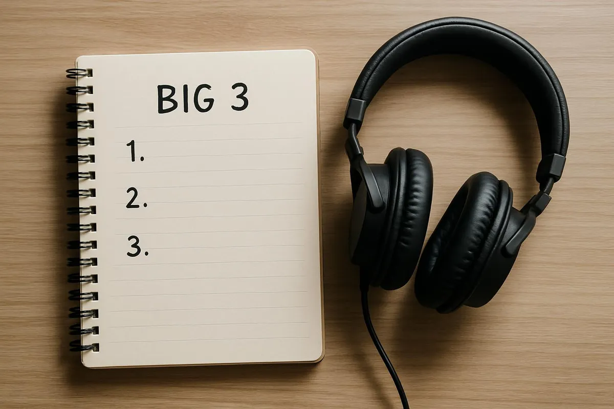 Notebook with a simple daily Big 3 list next to headphones