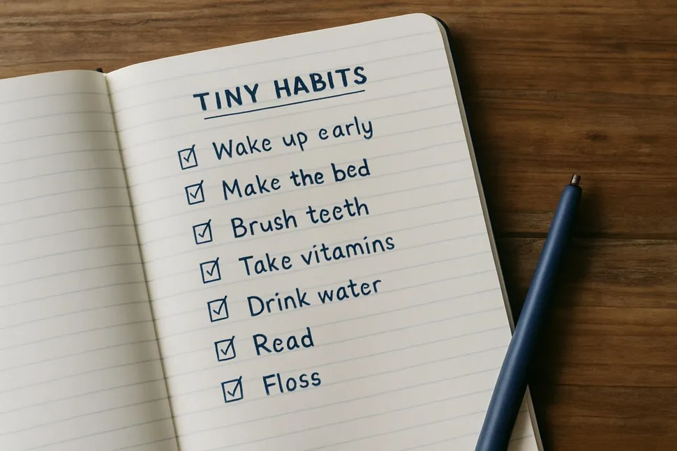 Notebook with checked-off tiny habits