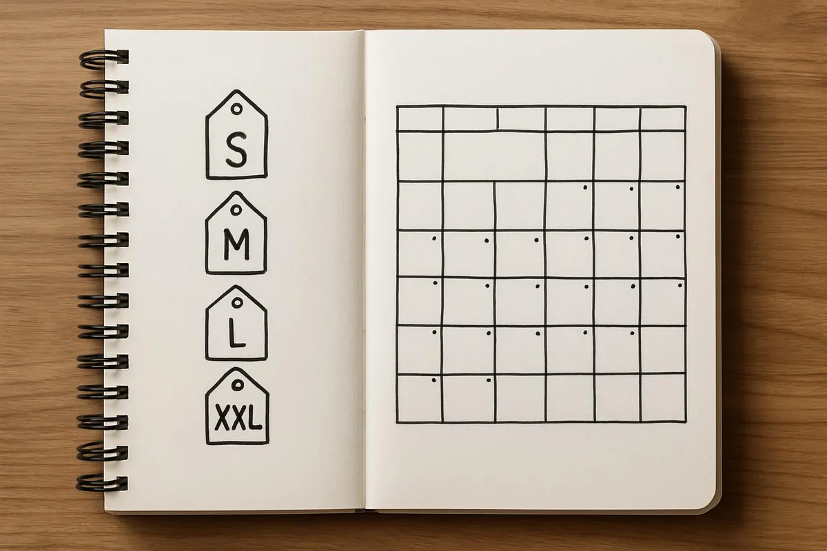 Notebook with hand-drawn size tags and simple calendar blocks