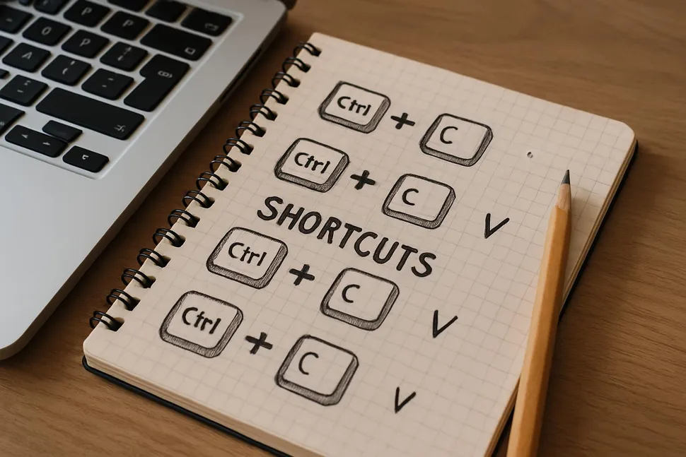 Notebook with sketched shortcuts and a pencil next to a laptop