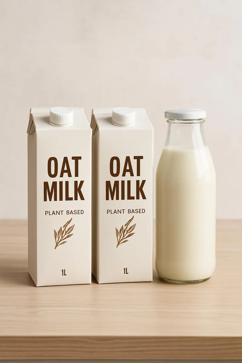 Oat milk cartons and glass bottle of plant-based milk