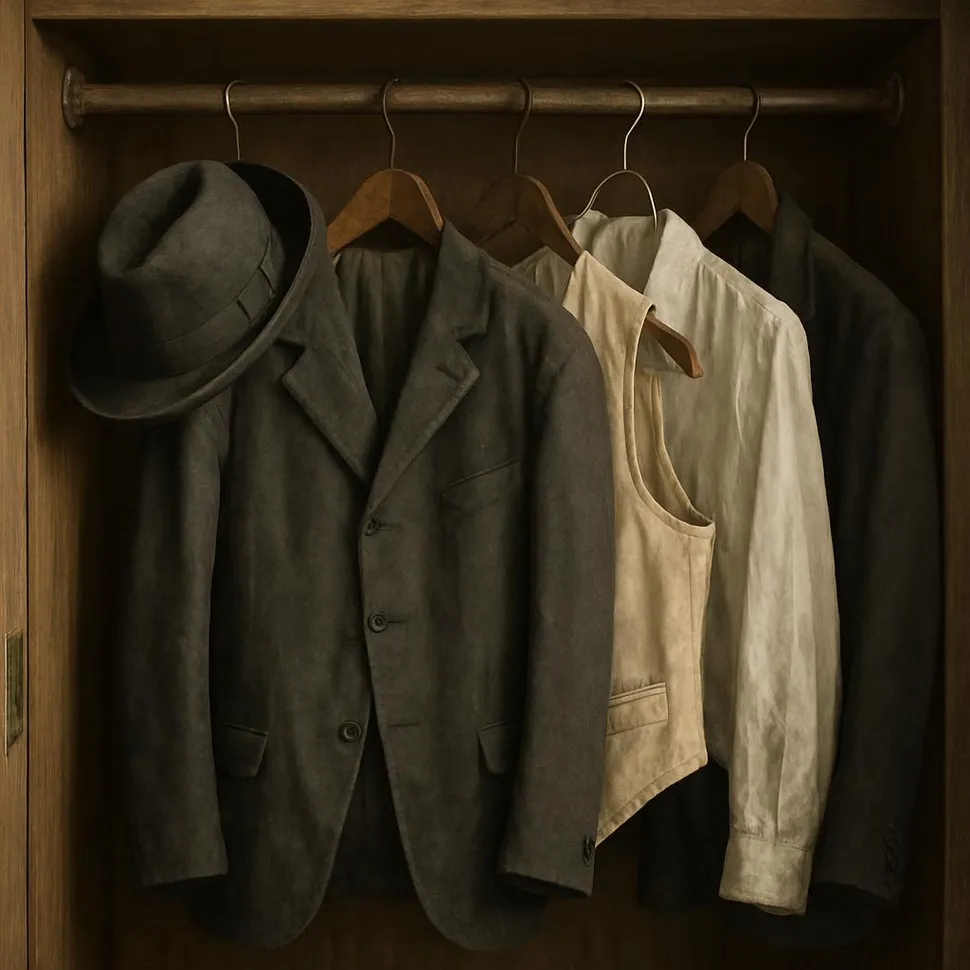 Old formal wear hung in a closet