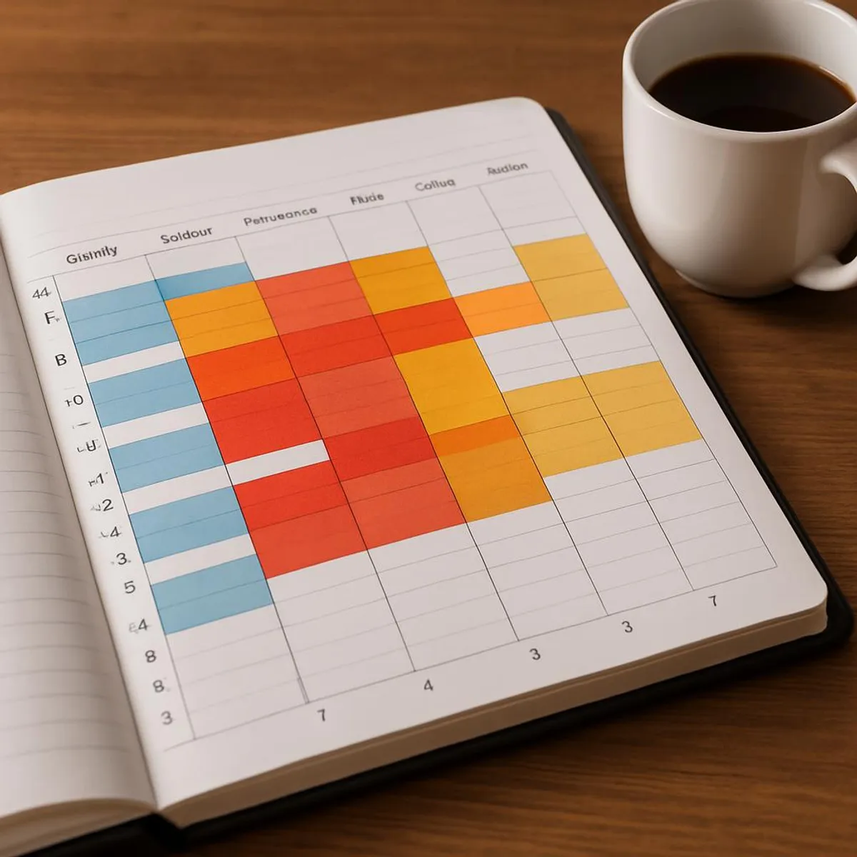 Open calendar with color-coded time blocks and a mug