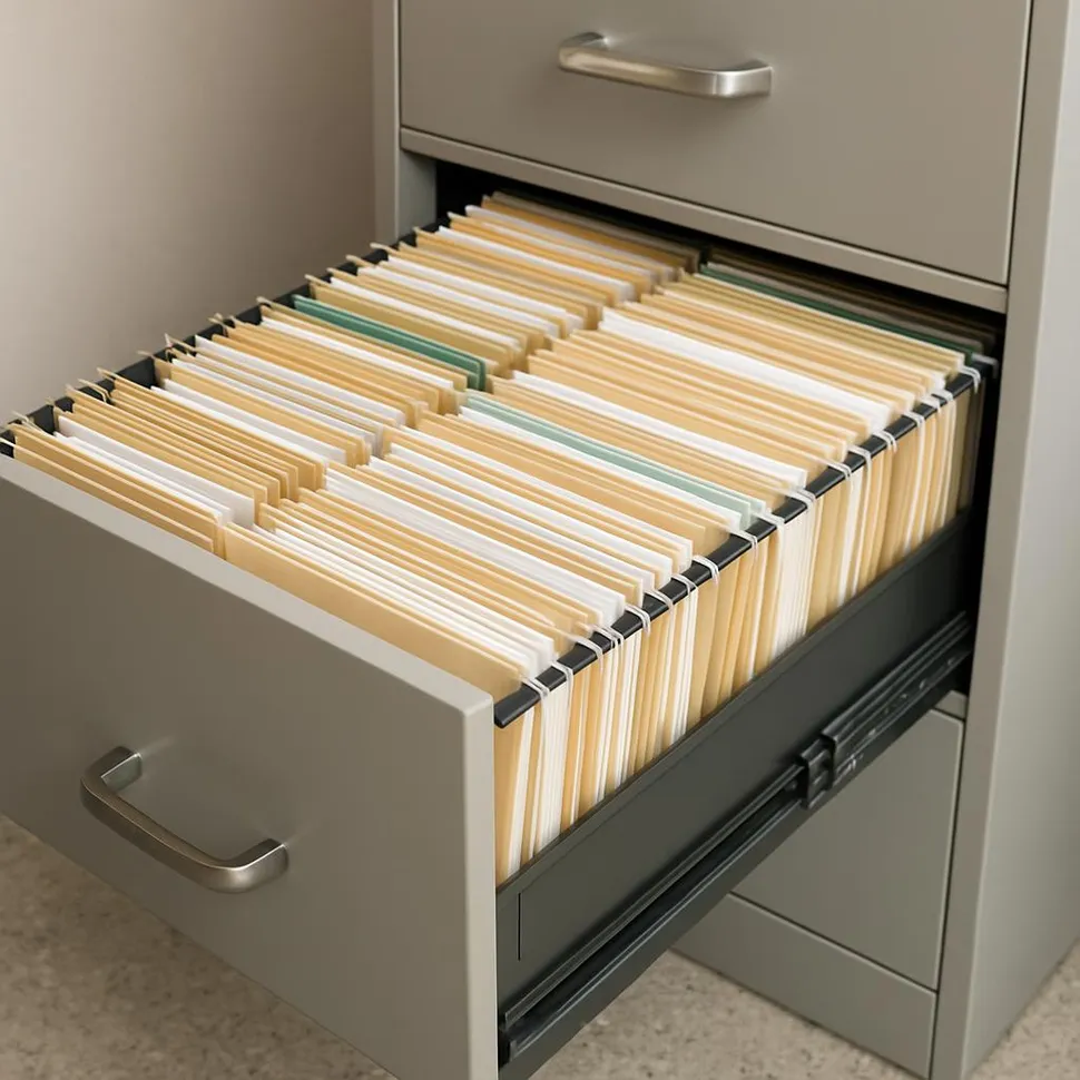 Open filing cabinet with organized folders