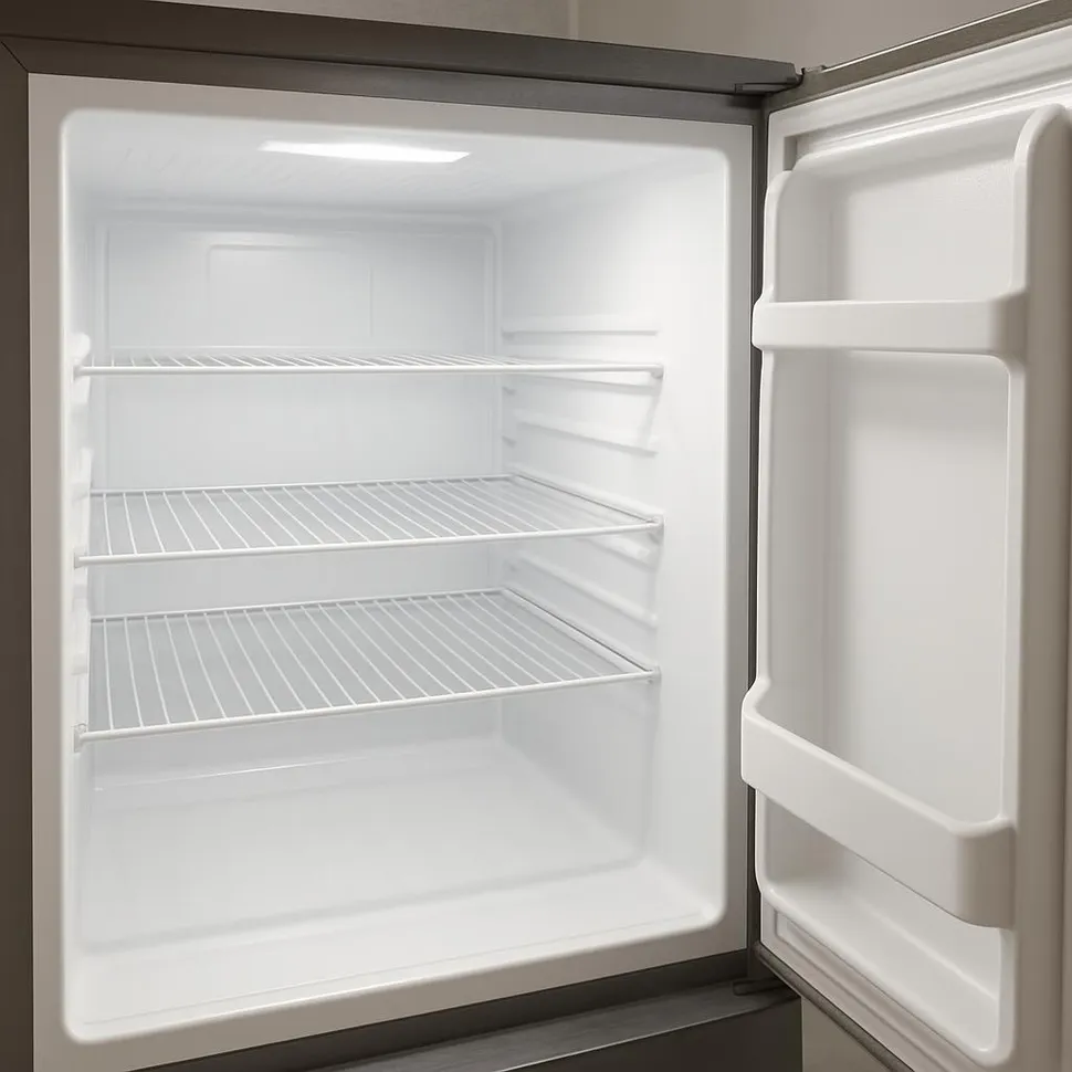 Open, gleaming freezer interior ready for bins